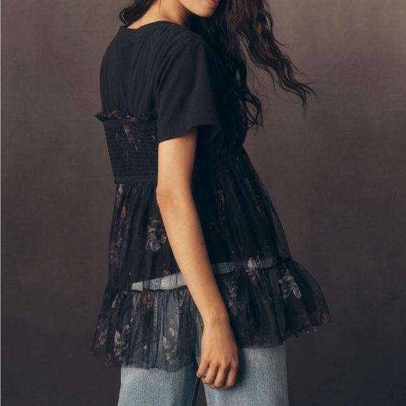 By Anthropologie tiered bow tulle tshirt black floral small - Picture 3 of 4